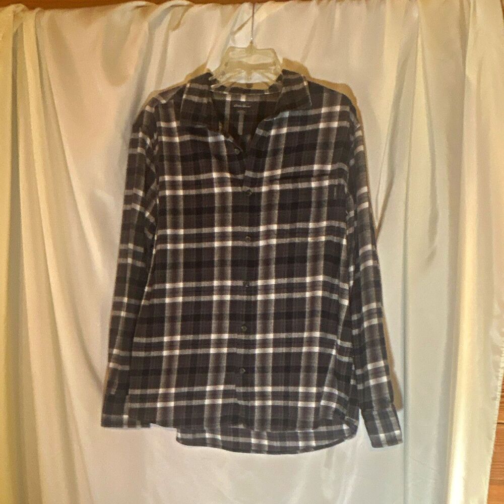 Eddie Bauer Mens XL Long Sleeve Flannel Button-Up Plaid Shirt Gray Cotton